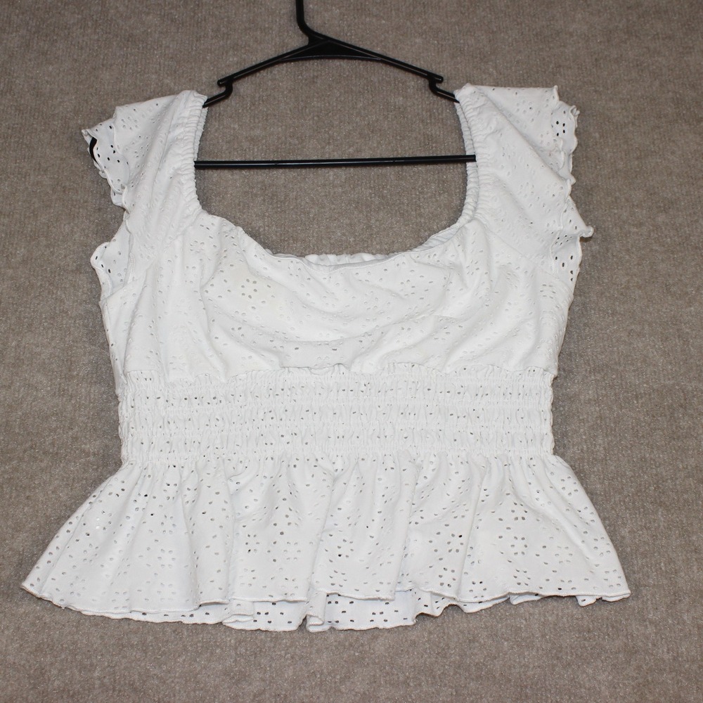 Kirious Los Angeles Womens White Eyelet Short Sleeve Blouse Top Size M